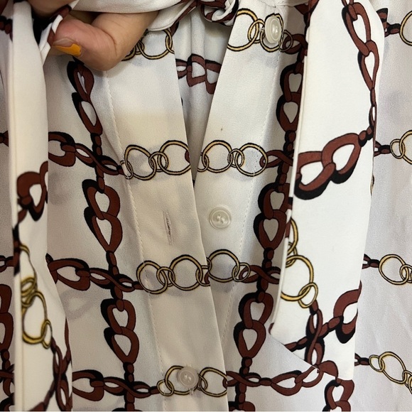 Talbots White Chain Printed Front Bow Button Up Blouse - Picture 5 of 7